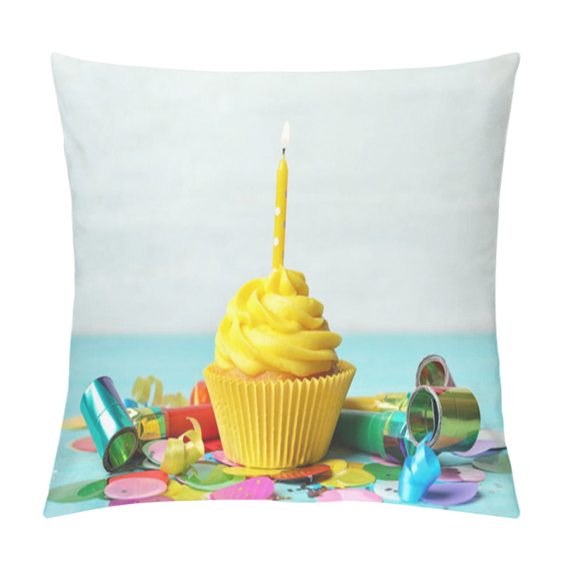 Personality  Delicious Birthday Cupcake With Cream And Burning Candle On Blue Wooden Background Pillow Covers