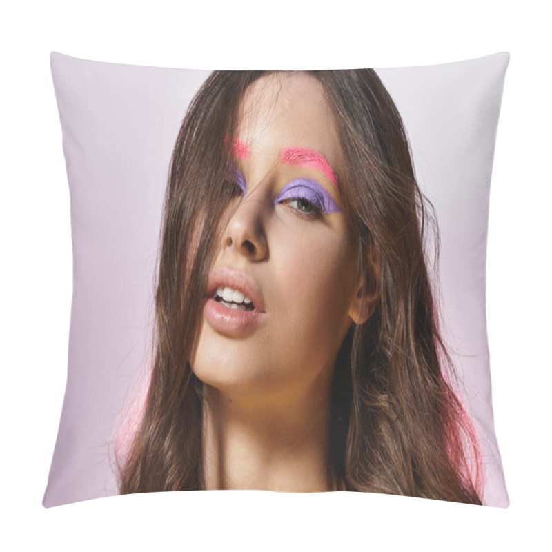 Personality  A Pretty Young Woman Showcases Her Striking Beauty With Bold Makeup In A Studio Setting. Pillow Covers