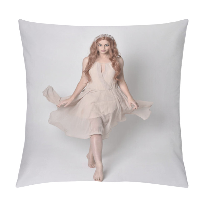 Personality  Full Length Portrait Of A Pretty, Fairy Girl Wearing A Nude Flowy Dress And Crystal Crown. Standing And Dancing Pose Against A Grey Studio Background. Pillow Covers