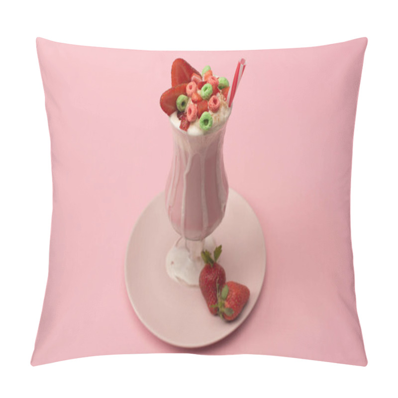 Personality  High Angle View Of Glass Of Milkshake With Drinking Straw, Candies And Strawberries On Plate On Pink Background Pillow Covers