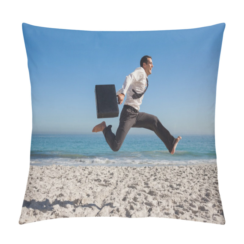 Personality  Cheerful Businessman Jumping On The Beach Pillow Covers