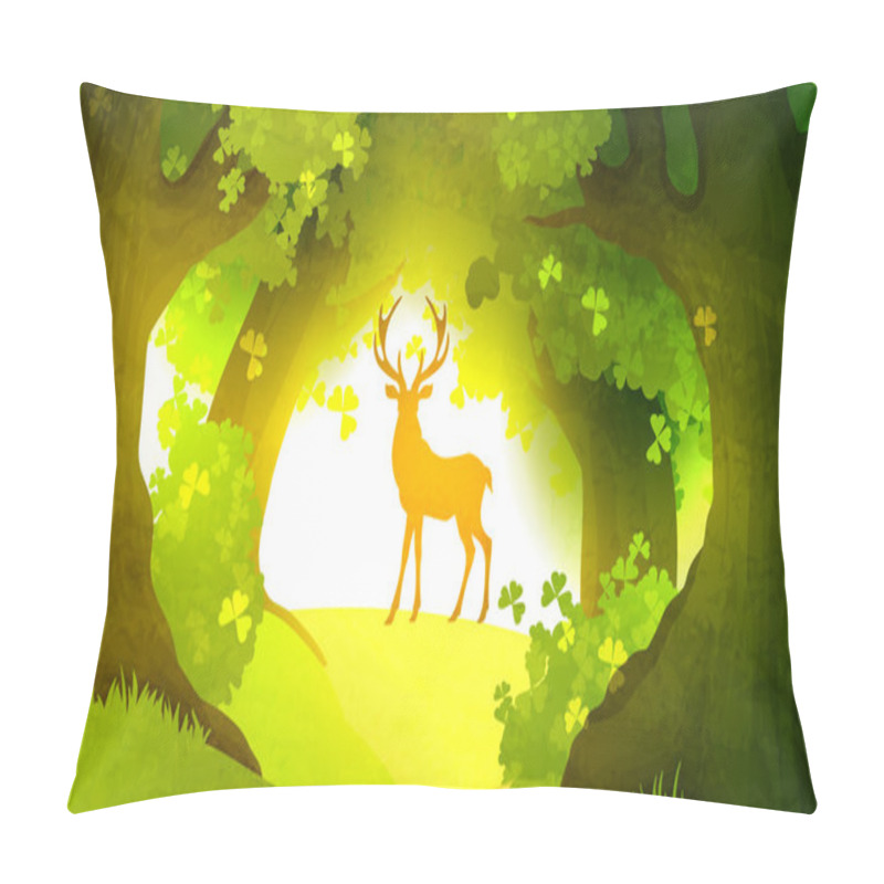 Personality  Deer In Magic Forest Standing In Front Of Rising Sun Pillow Covers