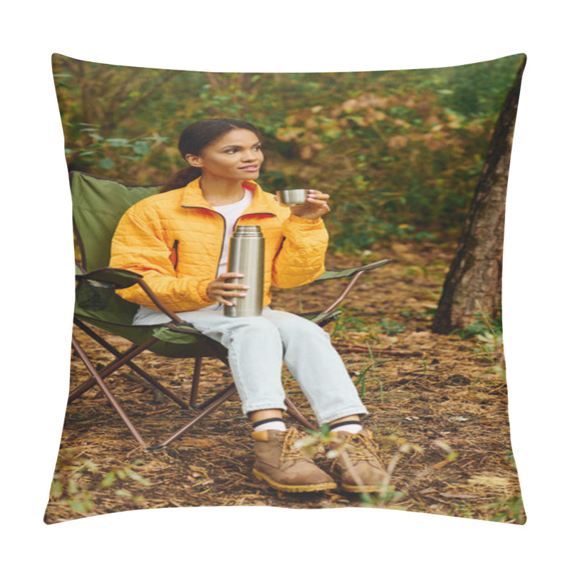 Personality  A Young Woman Takes A Moment To Sip From A Cup, Basking In The Tranquil Beauty Of Autumn In The Forest. Pillow Covers