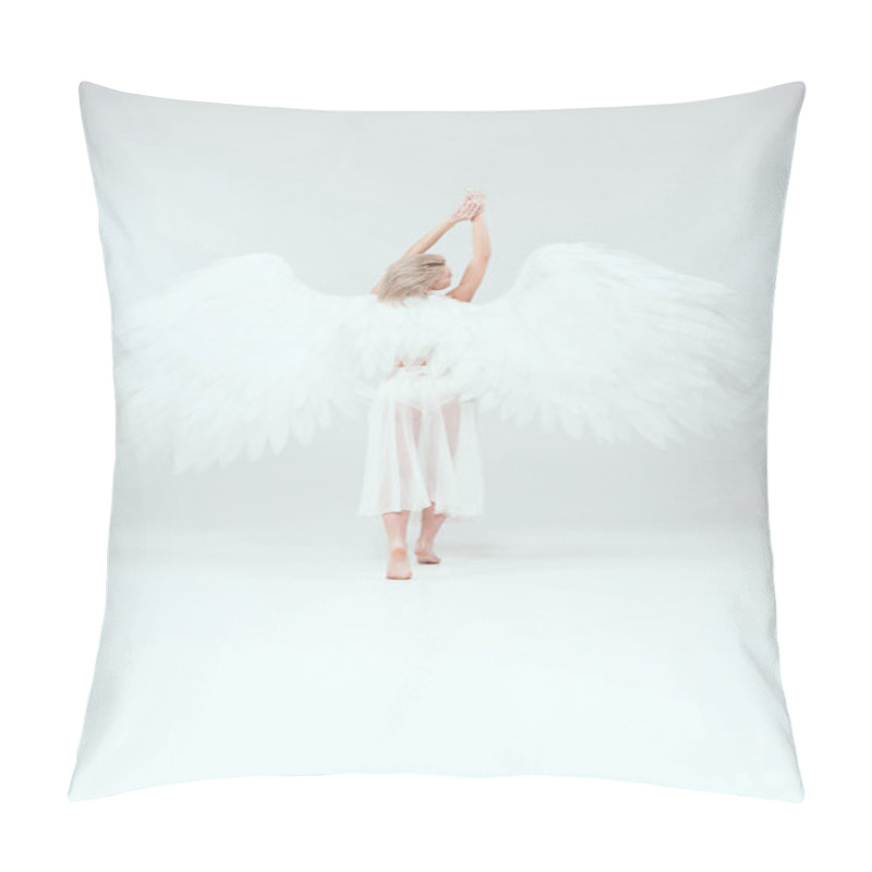 Personality  Back View Of Woman With Angel Wings Posing On White Background Pillow Covers