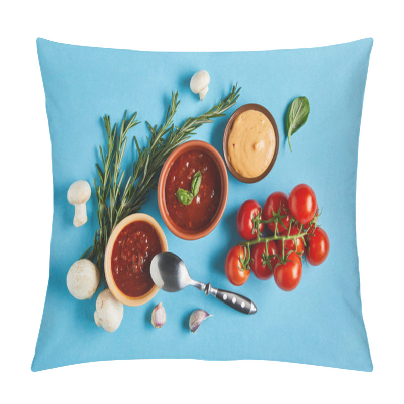 Personality  Top View Of Delicious Sauces In Bowls With Spoon Near Fresh Ripe Vegetables On Blue Background Pillow Covers