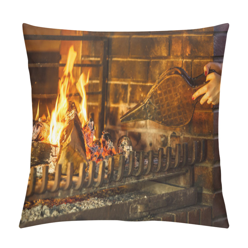 Personality  Closeup Hands Fireplace Making Fire With Bellows. Pillow Covers