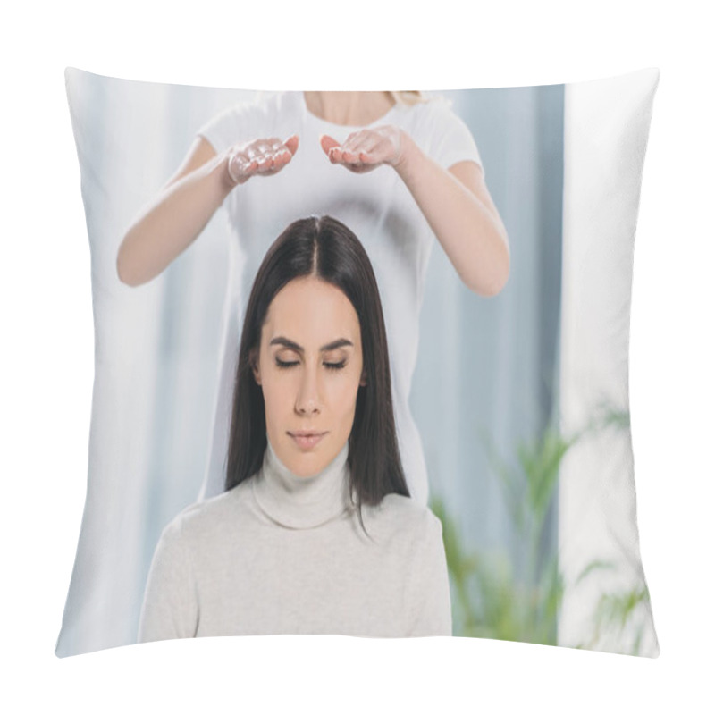 Personality  Cropped Shot Of Young Woman With Closed Eyes Sitting And Receiving Reiki Healing Therapy Above Head  Pillow Covers