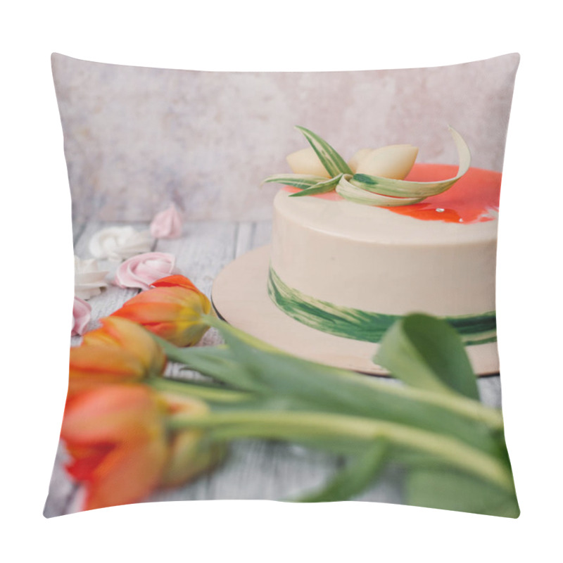 Personality  Food Composition Of White And Red Decorated Cake With Red Tulips, Meringues And Wooden Planks Background Pillow Covers