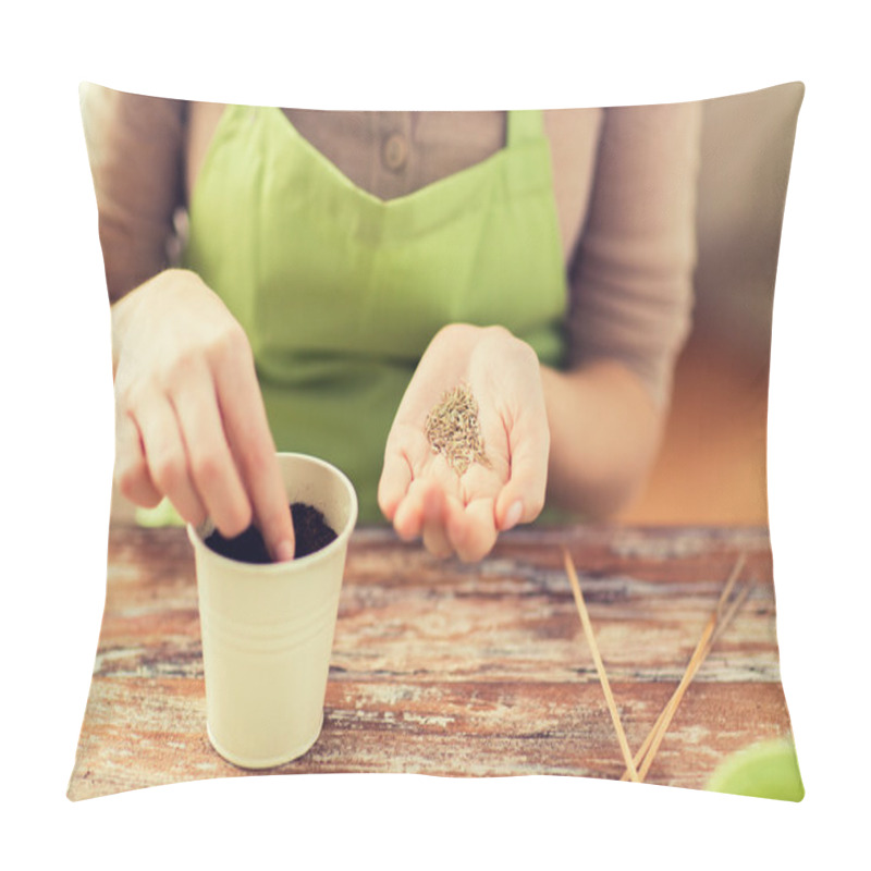 Personality  Close Up Of Woman Sowing Seeds To Soil In Pot Pillow Covers