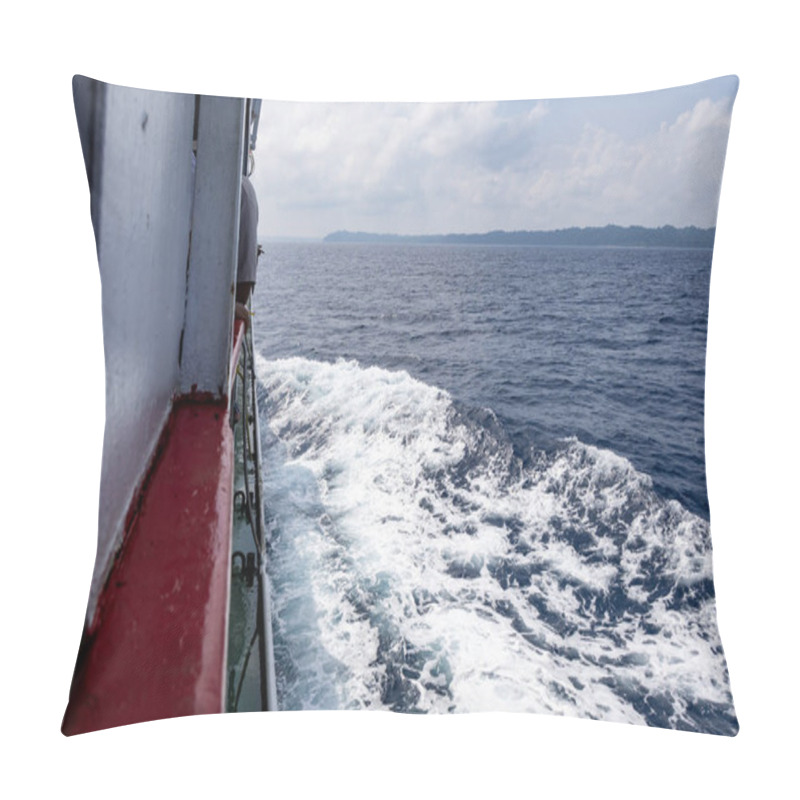 Personality  Serene Sea Horizon With Ship Water Trails Cutting Through Sea Water Under Bright Blue Sky Pillow Covers