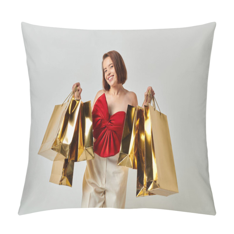 Personality  Holiday Shopping, Joyous Young Woman In Stylish Attire Holding Shopping Bags On Grey Background Pillow Covers