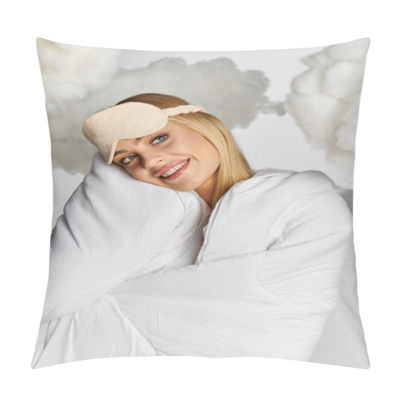 Personality  Beautiful Dreamy Woman Covered In A White Blanket Surrounded By Fluffy Clouds. Pillow Covers