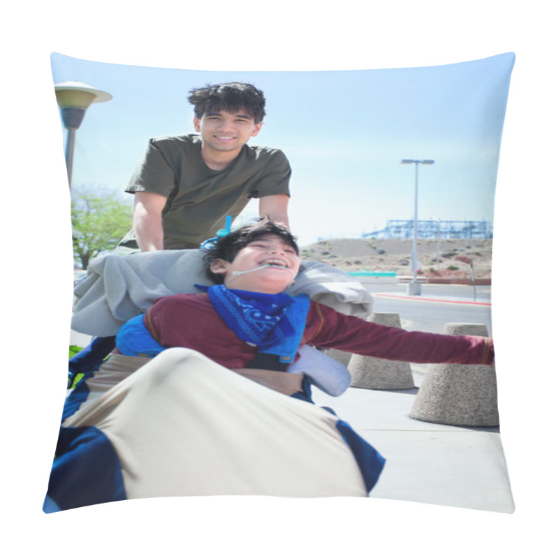 Personality  Big Brother Pushing Happy Disabled Boy In Wheelchair Pillow Covers