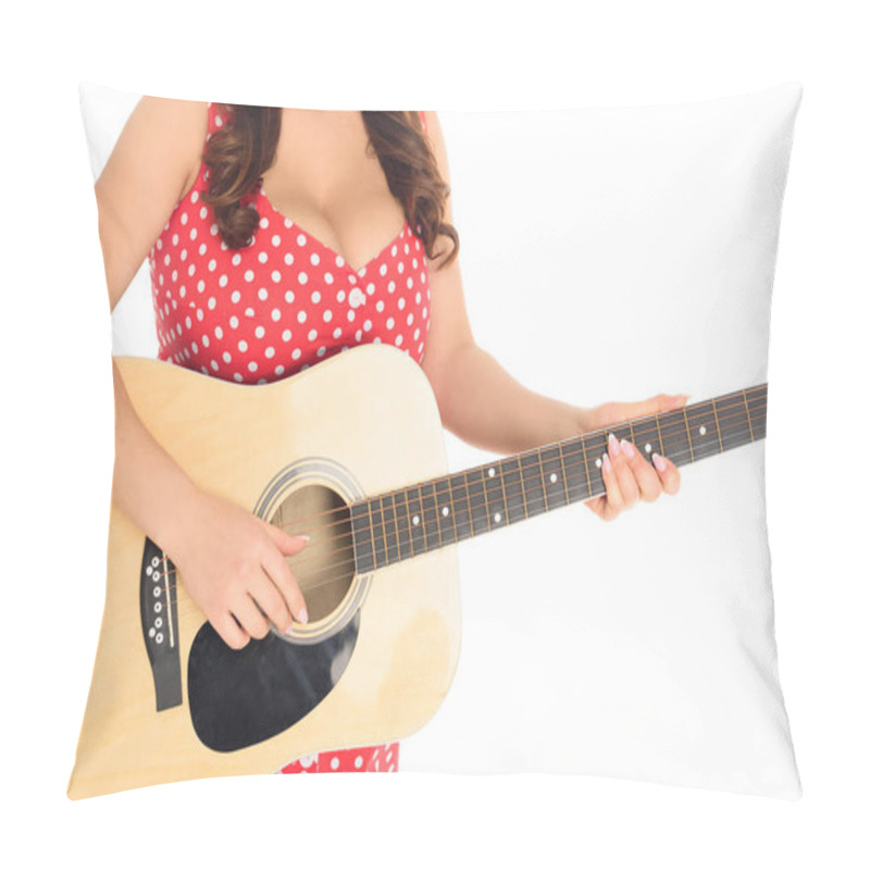 Personality  Cropped Shot Of Plus Size Woman Playing Acoustic Guitar Isolated On White Pillow Covers