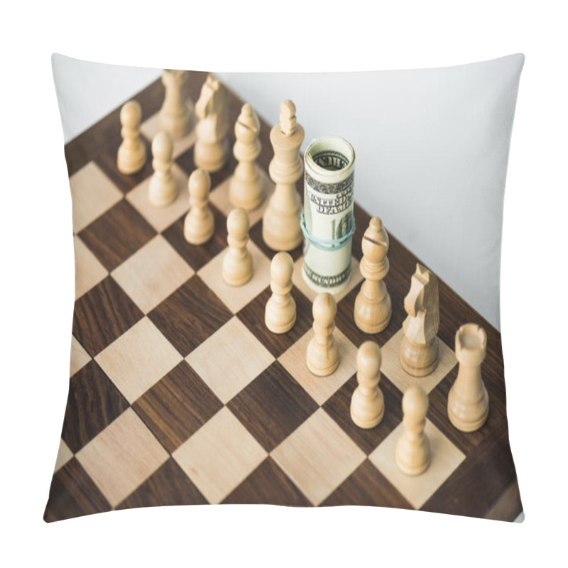 Personality  Chess Board With Cash And White Chess Pieces On White Surface Pillow Covers