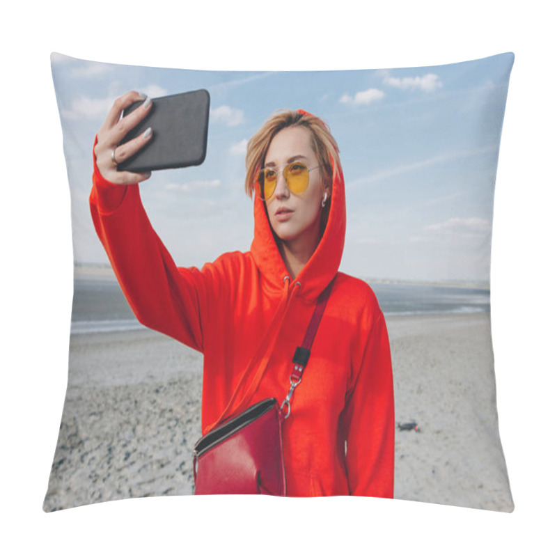 Personality  Beautiful Girl In Red Hoodie Taking Selfie On Beach, Saint Michaels Mount, France Pillow Covers