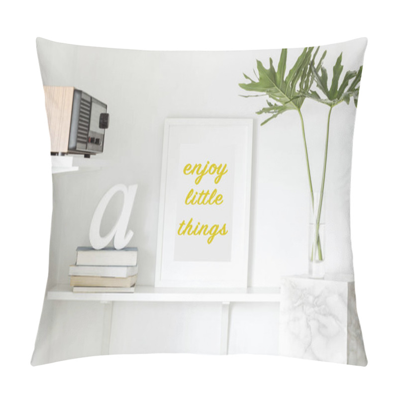 Personality  Bright White Interior Corner With Shelves And Inspirational Phrase In Frame On Wall Pillow Covers