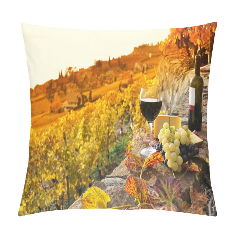 Personality  Glass Of Red Wine On The Terrace Vineyard In Lavaux Region, Swit Pillow Covers