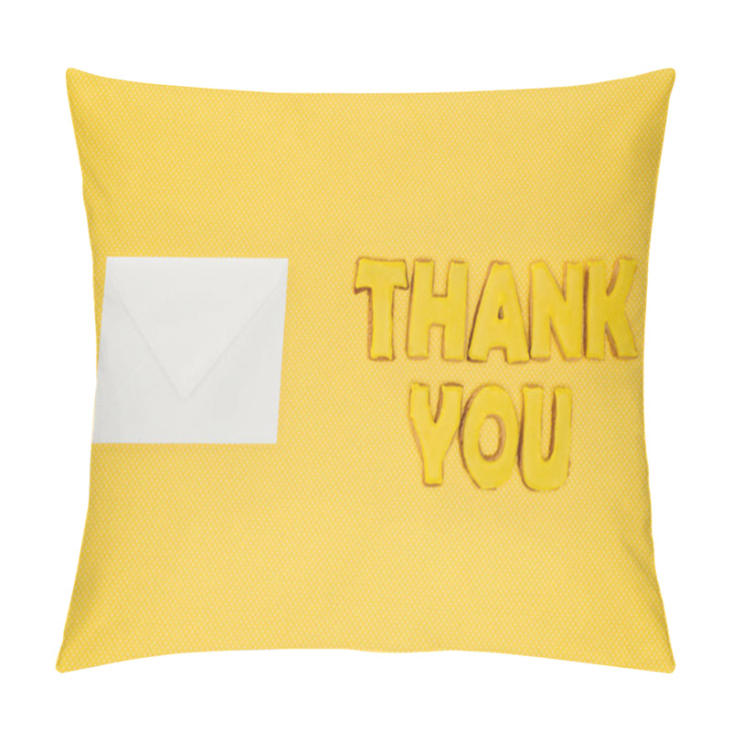 Personality  Thank You Lettering In Cookies With Blank White Envelope Isolated On Yellow Background Pillow Covers