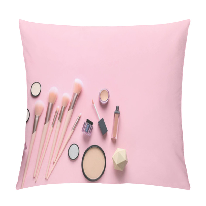 Personality  Flat Lay Composition With Makeup Brushes On Pink Background. Space For Text Pillow Covers