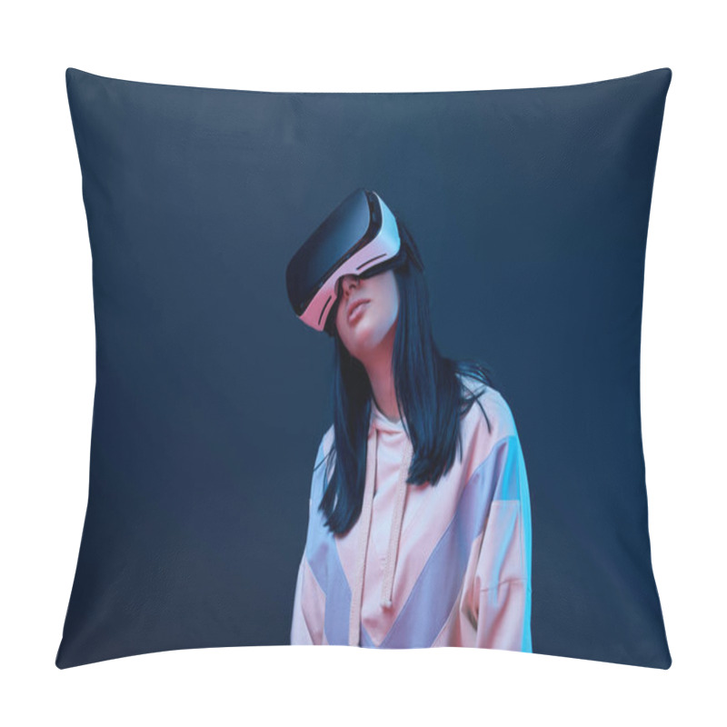 Personality  Young Brunette Woman Wearing Virtual Reality Headset On Blue  Pillow Covers