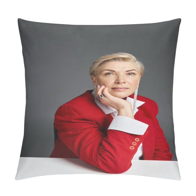 Personality  A Stylish Adult Woman Dressed In Elegant Red Attire Rests Her Chin On Her Hand, Exuding Poise. Pillow Covers