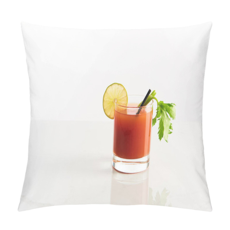 Personality  Bloody Mary Cocktail In Glass Garnished With Lime And Celery Isolated On White Pillow Covers