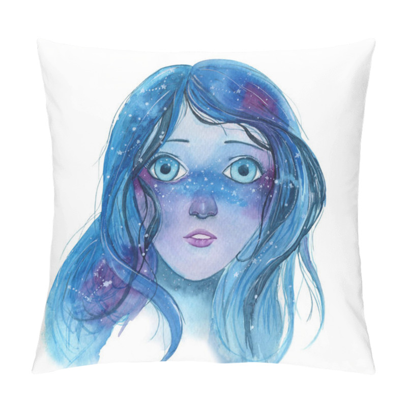 Personality  Watercolor Illustration Of A Young Attractive Woman With Blue Hair, Looking On The Stars Pillow Covers