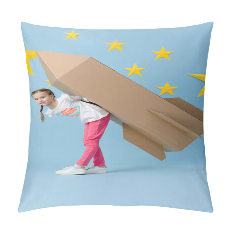 Personality  Cute Kid In Pink Pants Holding Big Cardboard Rocket On Blue Starry Background Pillow Covers