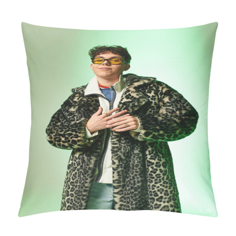 Personality  A Charismatic Man Confidently Wears A Statement Coat Against A Vibrant Backdrop. Pillow Covers