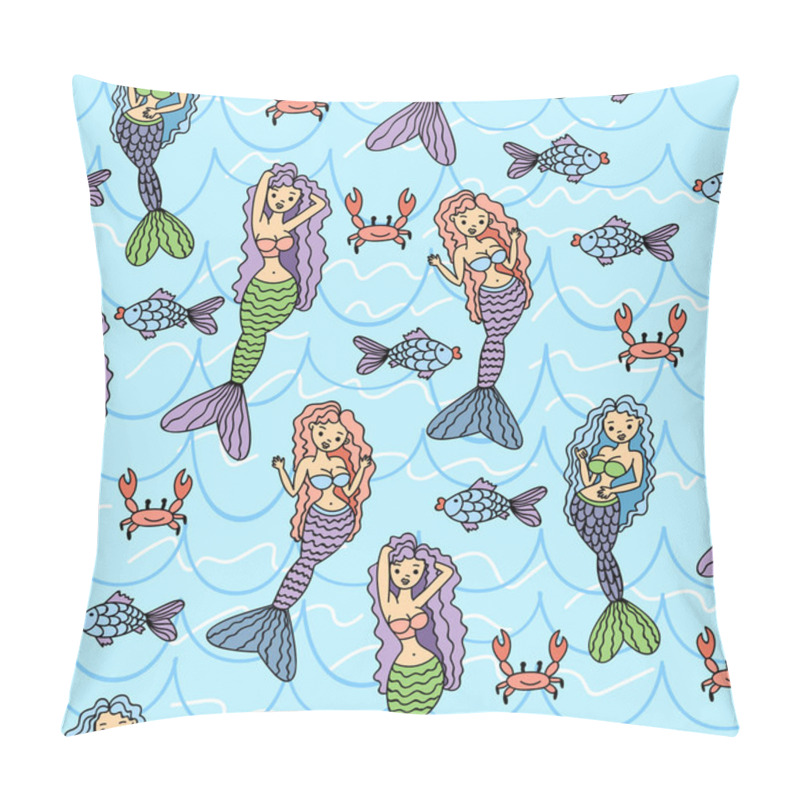 Personality  Cute Vector Background With Marine Inhabitants. Seamless Pattern With Sea Life And Fish, Mermaid, Crab.  Pillow Covers