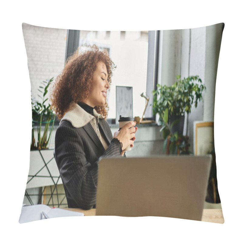 Personality  The Woman Enjoys Her Beverage, Smiling Softly In Her Inviting And Green Filled Workspace. Pillow Covers