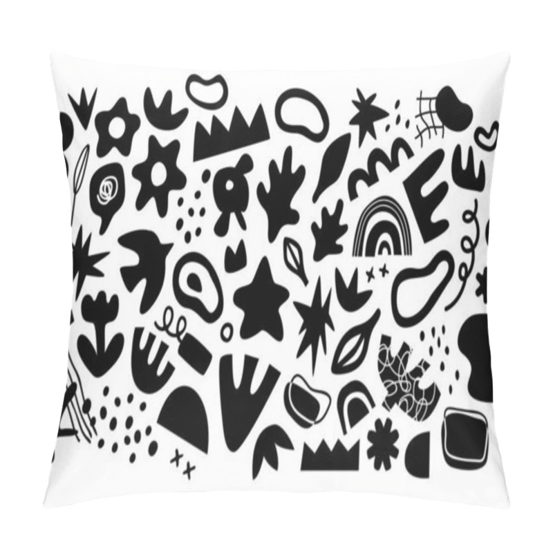 Personality  Set Of Black And White Doodle, Abstract Icons On Isolated Background. Big Element Collection, Unusual Organic Shapes In Freehand Art Style. Includes Bird, Leaf, Flower. Pillow Covers