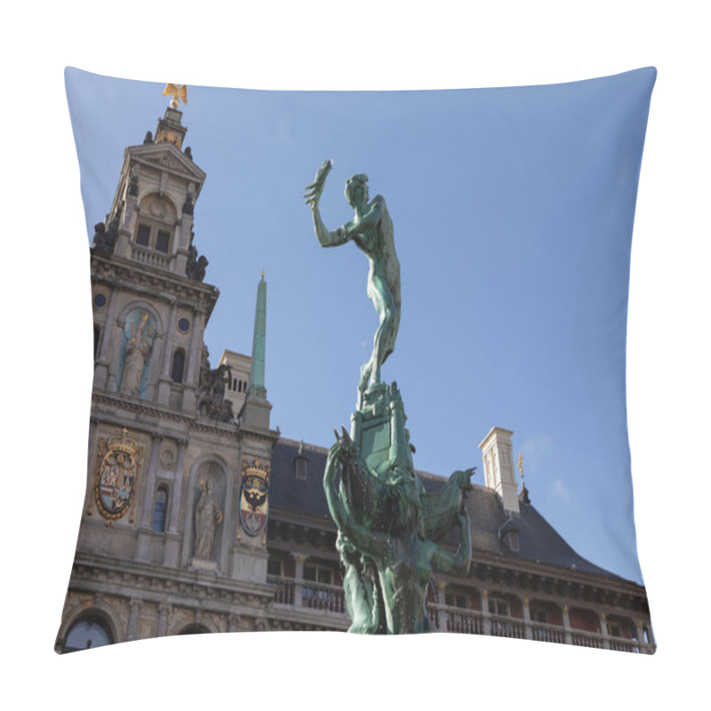 Personality  Antwerp , Belgium - April 9, 2024: Historic Center Of Antwerp: Brab Fountain And City Hall On A Sunny Day Pillow Covers