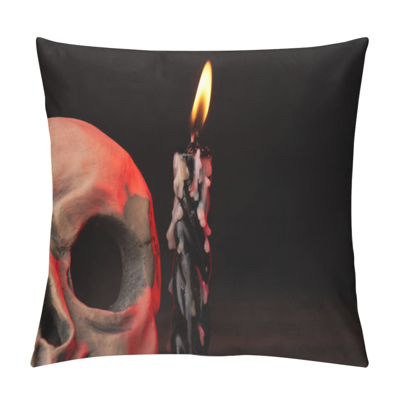 Personality  Human Skull Mockup And Burning Wax Candle On Dark Background. Pillow Covers