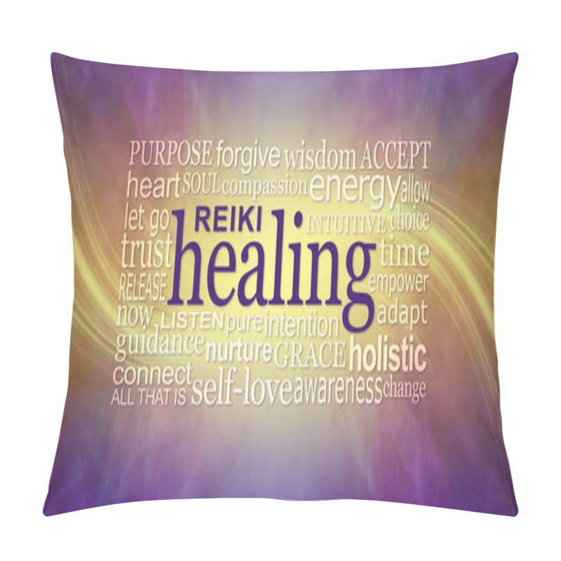 Personality  Reiki Healing Words Wall Art Banner - Deep Purple And Gold Background With A Sweeping Energy Line Through Behind A  HEALING Word Cloud Ideal For A Reiki Therapist's Healing Room Wall Pillow Covers