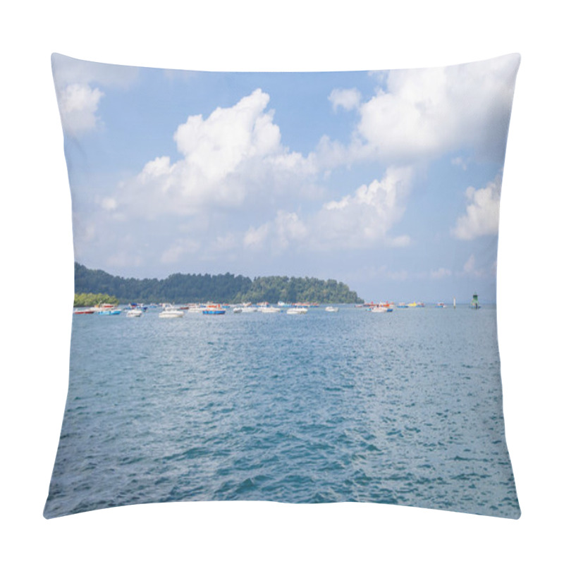 Personality  Small Ships Anchored At Sea Coast With Bright Blue Sky At Morning From Flat Angle Image Is Taken At Havelock Island Andaman And Nicobar Islands India On Nov 13 2024. Pillow Covers