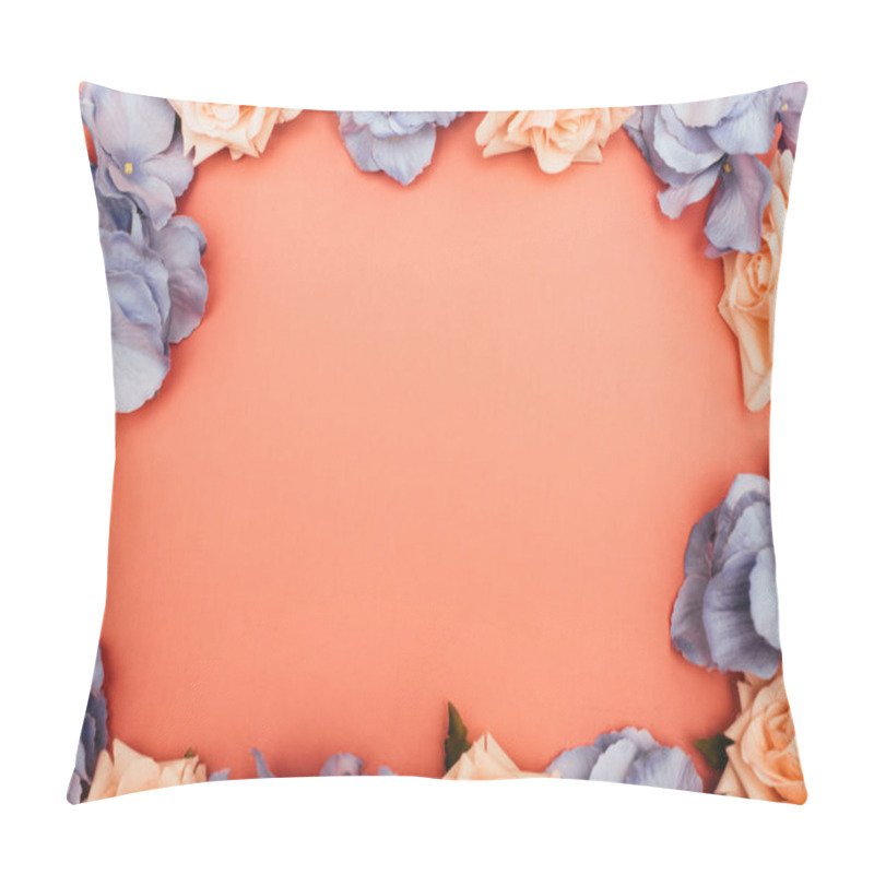 Personality  Top View Of Floral Frame On Coral Background Pillow Covers