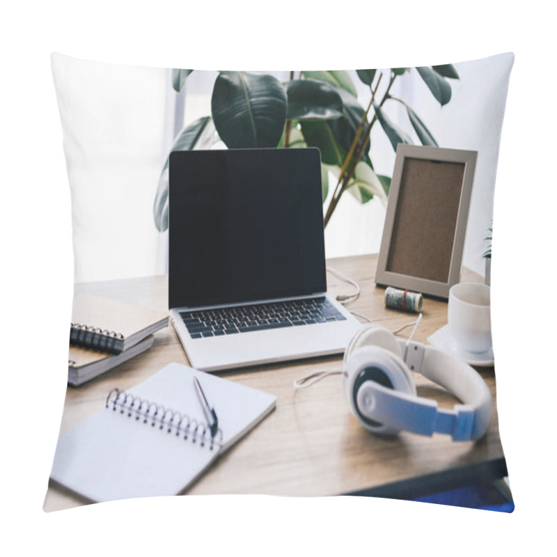 Personality  Closeup View Of Laptop With Blank Screen At Table With Headphones, Textbooks, Coffee Cup, Photo Frame, Potted Plant And Roll Of Cash Money  Pillow Covers