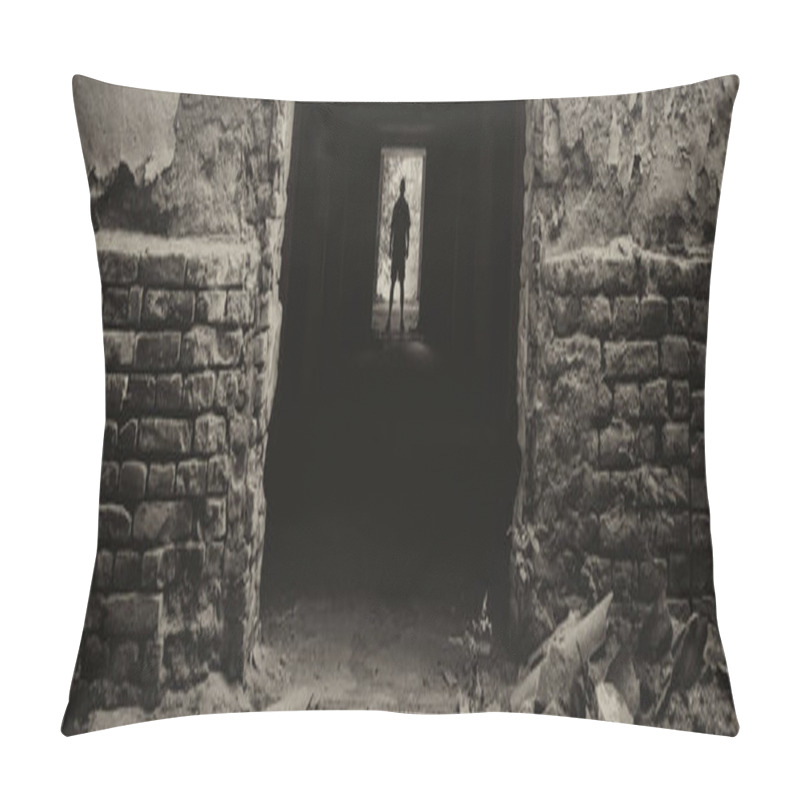 Personality  Silhouette Of The Man Standing At The End Of Dark Corridor Of Abandoned Building Pillow Covers