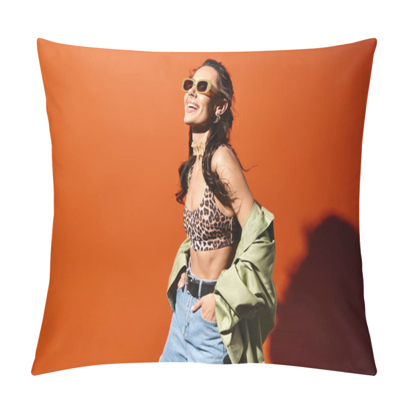 Personality  A Fashionable Woman Wearing A Leopard Print Top And Denim Shorts, Exuding Confidence And Style On An Orange Background. Pillow Covers