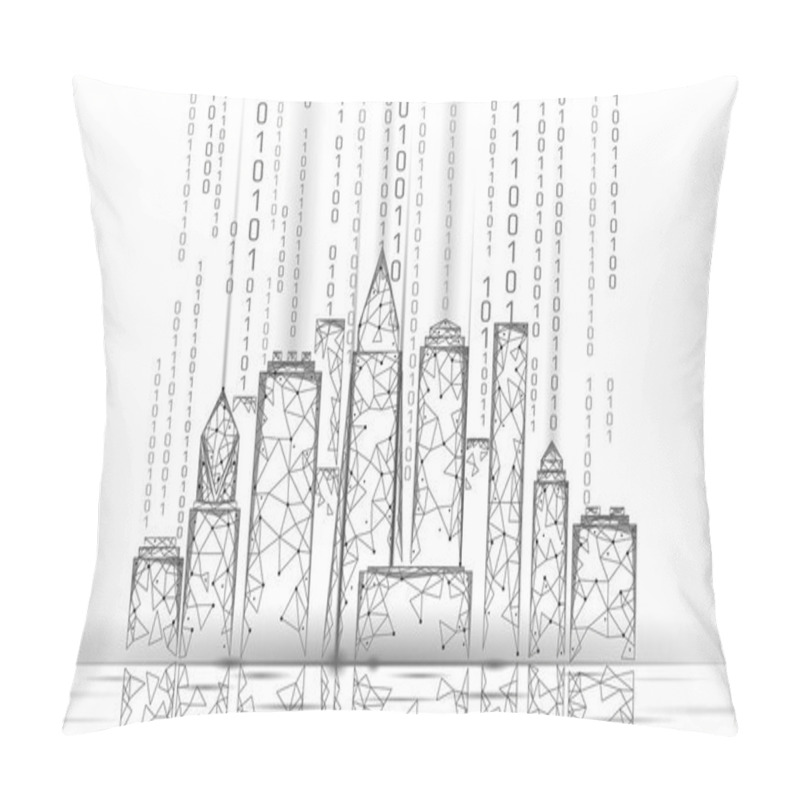 Personality  Low Poly Smart City 3D Wire Mesh. Intelligent Building Automation System Business Concept. Binary Code Number Data Flow. Architecture Urban Cityscape Technology Sketch Banner Vector Illustration Pillow Covers