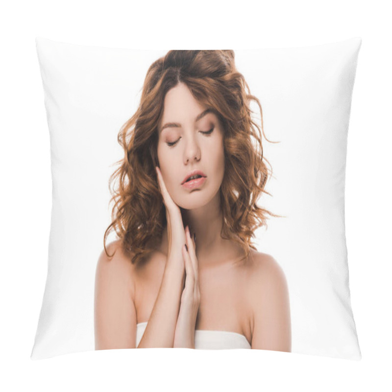 Personality  Beautiful Young Woman With Closed Eyes Touching Face Isolated On White  Pillow Covers