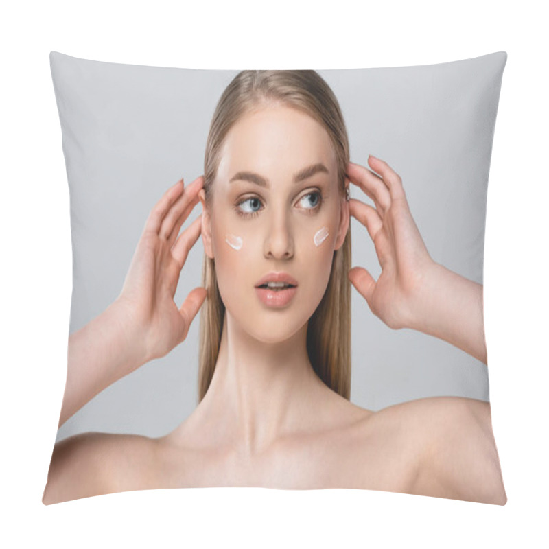 Personality  Pretty Woman With Blue Eyes And Cream On Face Isolated On Grey Pillow Covers