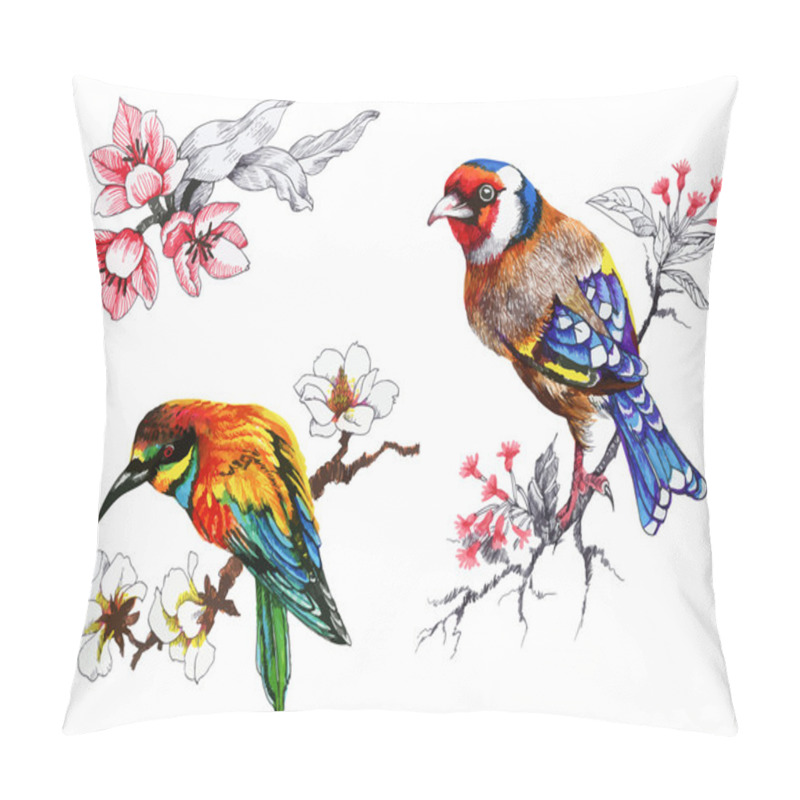 Personality  Bright Birds On Branches With Flowers Pillow Covers