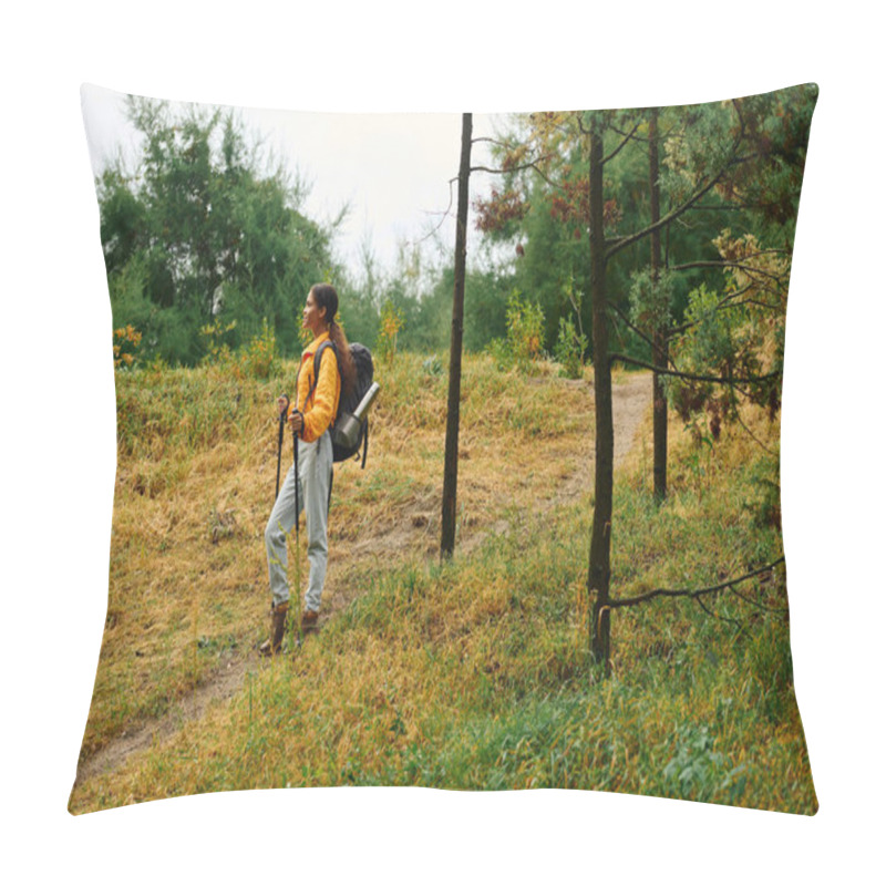 Personality  A Young Woman Explores A Beautiful Forest, Surrounded By Vibrant Autumn Foliage And Nature Peace. Pillow Covers