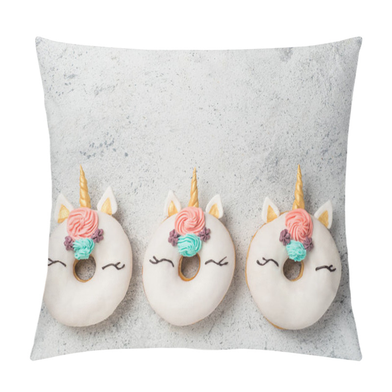 Personality  Unicorn Donuts Over Gray Cement Background. Trendy Donut Unicorn With White Glaze. Top View Or Flat Lay. Copy Space For Text. Pillow Covers