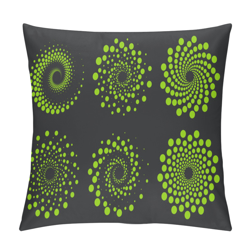 Personality  Abstract Dotted Spiral Geometric Shapes Collection. Green Halftone Optical Illusion On Black Background, Aesthetic Op Art Design Element. Flat Vector Art Pillow Covers