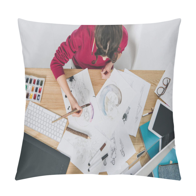 Personality  Attractive Young Girl Drawing By Table With Computer Pillow Covers