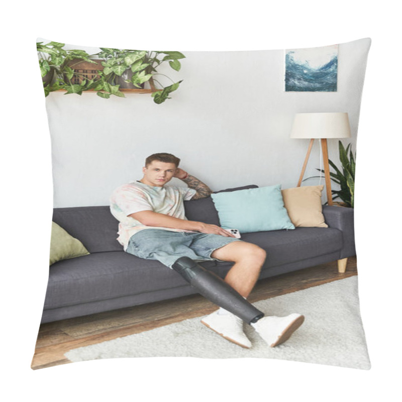 Personality  Handsome Young Man Sitting Comfortably On A Couch, Showcasing Confidence With His Prosthetic Leg. Pillow Covers